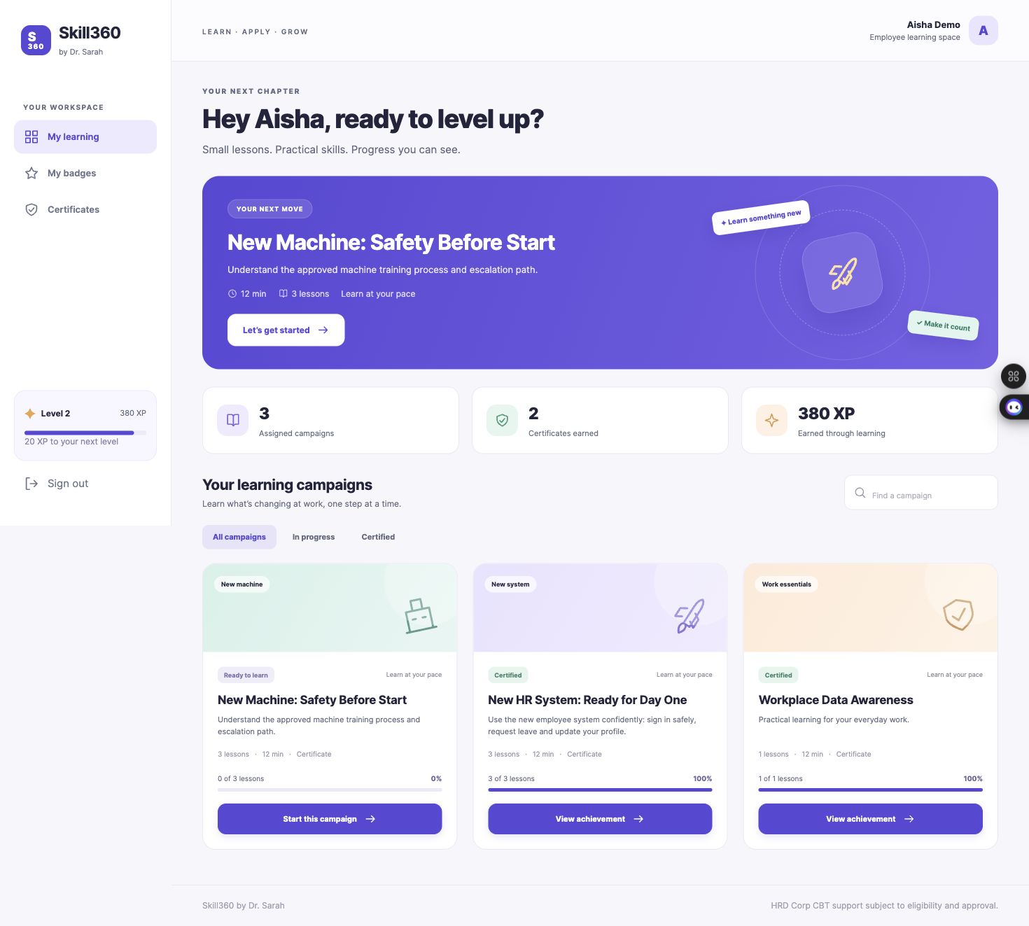 Skill360 by Dr. Sarah employee dashboard with learning campaigns, progress, badges and certificates